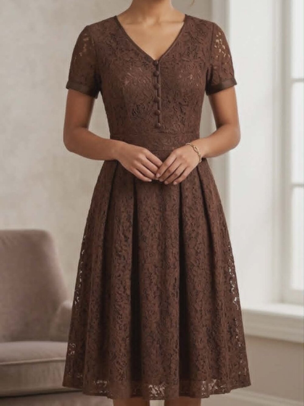Azecool Vintage Style Brown Floral Lace Midi Cocktail Dress M Medium